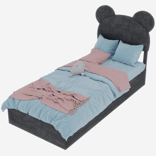 Cama infantil estofada 90x200 - cabeceira com desenhos animados, base com arrumação e pistão - cinzento