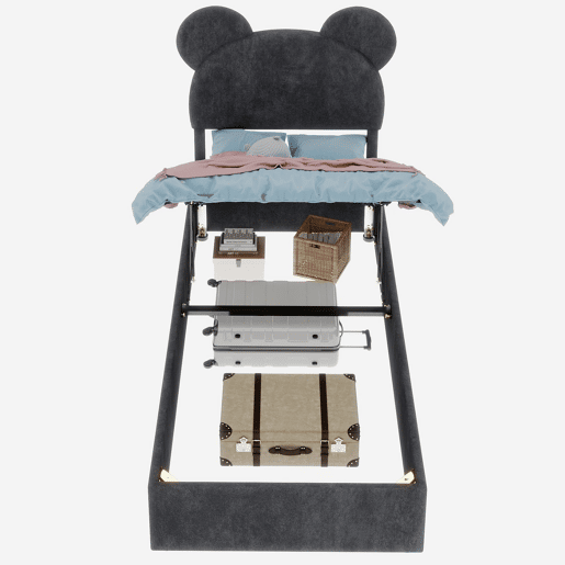 Cama infantil estofada 90x200 - cabeceira com desenhos animados, base com arrumação e pistão - cinzento