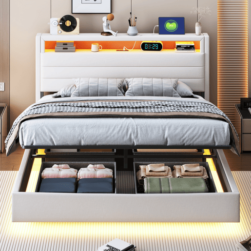 Cama estofada 140x200 cm - Estrutura flutuante hidráulica com arrumação, cama multifuncional com porta USB e luz LED, cabeceira reversível - Bege