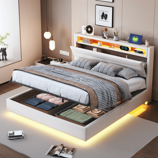Cama estofada 140x200 cm - Estrutura flutuante hidráulica com arrumação, cama multifuncional com porta USB e luz LED, cabeceira reversível - Bege