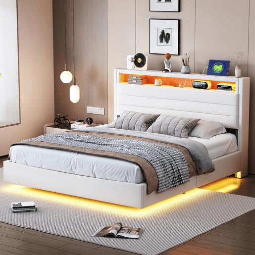 Cama estofada 140x200 cm - Estrutura flutuante hidráulica com arrumação, cama multifuncional com porta USB e luz LED, cabeceira reversível - Bege