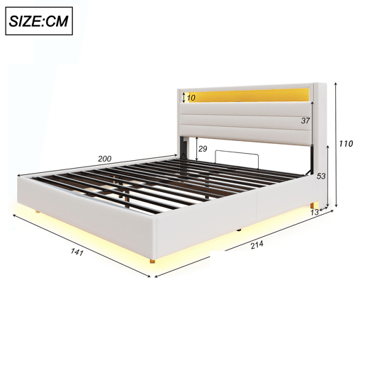 Cama estofada 140x200 cm - Estrutura flutuante hidráulica com arrumação, cama multifuncional com porta USB e luz LED, cabeceira reversível - Bege