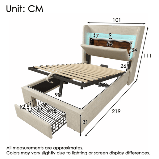 Cama estofada 90x200 - armazenamento hidráulico, cabeceira com LED e USB - Bege