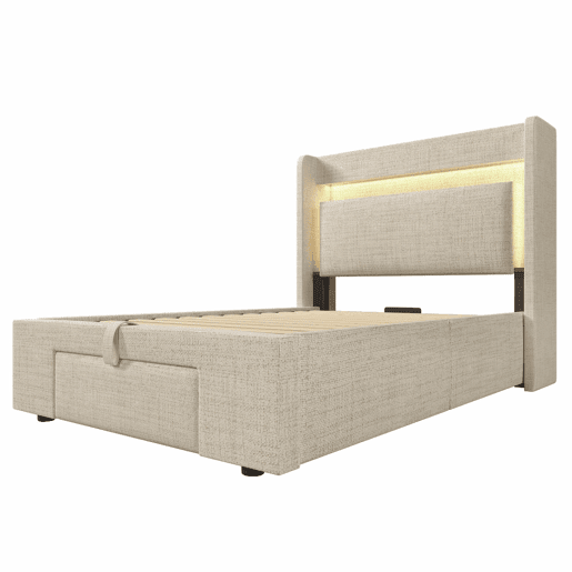 Cama estofada 90x200 - armazenamento hidráulico, cabeceira com LED e USB - Bege
