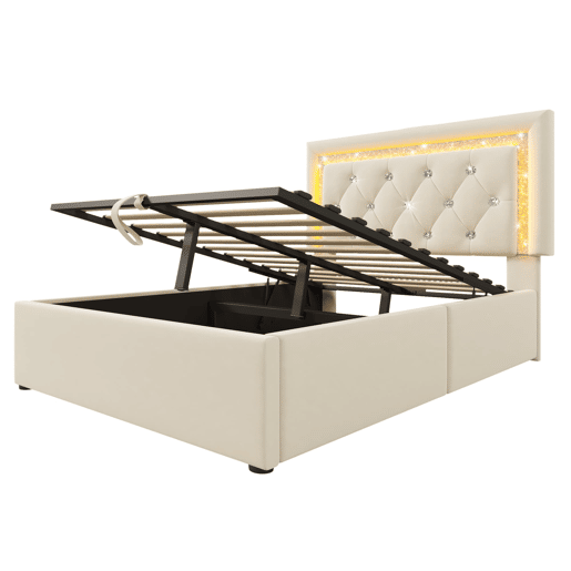 Cama individual 90x200 u2013 LED, USBType-C e baú hidráulico u2013 Bege