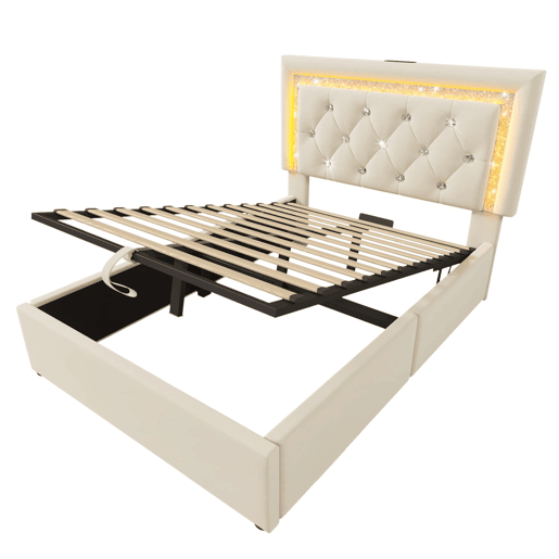 Cama individual 90x200 u2013 LED, USBType-C e baú hidráulico u2013 Bege