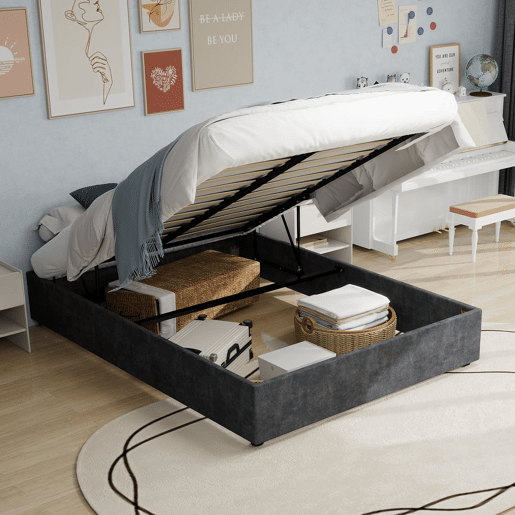 Cama moderna 160x200 cm - estilo simples, com elevação hidráulica - Cinza Cama moderna 160x200 cm - estilo simples, com elevação hidráulica - Cinza