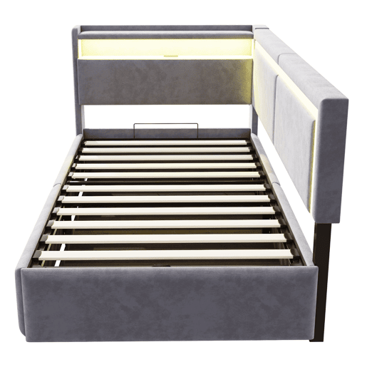 Sofá-cama 90x200 cm - Com LED, portas USB, cabeceira rebatível, arrumação hidráulica - Cinza claro