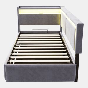 Sofá-cama 90x200 cm - Com LED, portas USB, cabeceira rebatível, arrumação hidráulica - Cinza claro