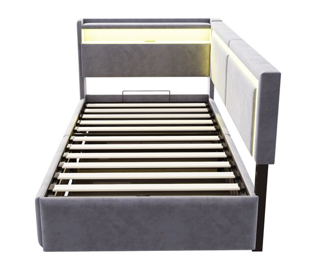 Sofá cama 90x200 cm - con led, puertos usb, cabezal abatible, almacenamiento hidráulico - gris claro