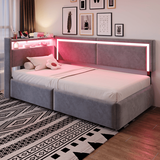 Sofá-cama 90x200 cm - Com LED, portas USB, cabeceira rebatível, arrumação hidráulica - Cinza claro