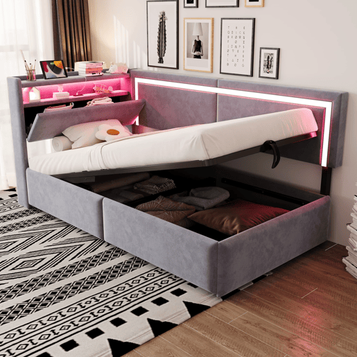Sofá-cama 90x200 cm - Com LED, portas USB, cabeceira rebatível, arrumação hidráulica - Cinza claro
