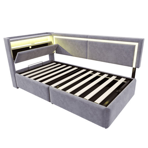 Sofá-cama 90x200 cm - Com LED, portas USB, cabeceira rebatível, arrumação hidráulica - Cinza claro