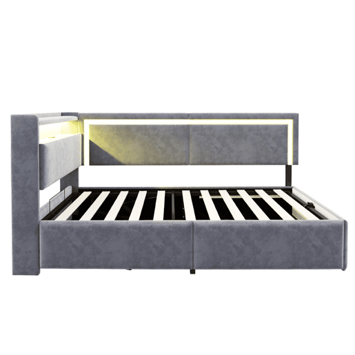 Sofá-cama 90x200 cm - Com LED, portas USB, cabeceira rebatível, arrumação hidráulica - Cinza claro