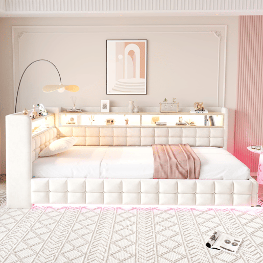 Sofá-cama multifuncional 90x200 - Armazenamento hidráulico, prateleira de madeira, LED, USB - Bege Sofá-cama multifuncional 90x200 - Armazenamento hidráulico, prateleira de madeira, LED, USB - Bege