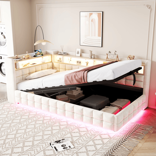 Sofá-cama multifuncional 90x200 - Armazenamento hidráulico, prateleira de madeira, LED, USB - Bege Sofá-cama multifuncional 90x200 - Armazenamento hidráulico, prateleira de madeira, LED, USB - Bege