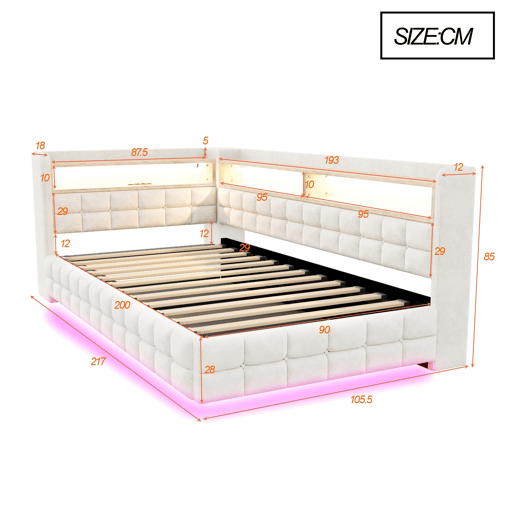 Sofá-cama multifuncional 90x200 - Armazenamento hidráulico, prateleira de madeira, LED, USB - Bege Sofá-cama multifuncional 90x200 - Armazenamento hidráulico, prateleira de madeira, LED, USB - Bege