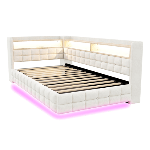 Sofá-cama multifuncional 90x200 - Armazenamento hidráulico, prateleira de madeira, LED, USB - Bege Sofá-cama multifuncional 90x200 - Armazenamento hidráulico, prateleira de madeira, LED, USB - Bege