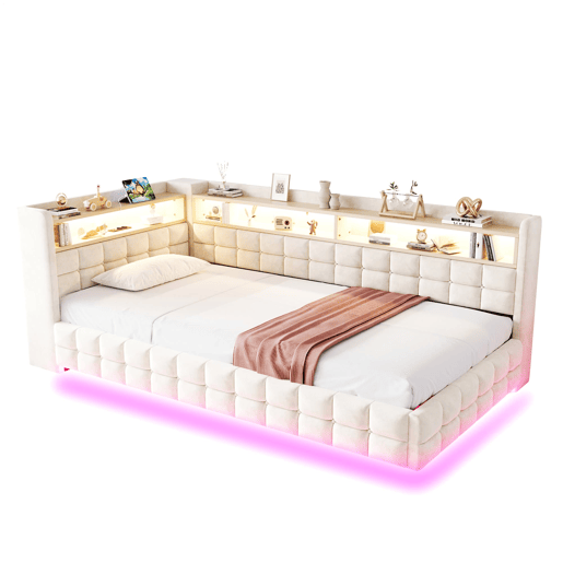 Sofá-cama multifuncional 90x200 - Armazenamento hidráulico, prateleira de madeira, LED, USB - Bege Sofá-cama multifuncional 90x200 - Armazenamento hidráulico, prateleira de madeira, LED, USB - Bege