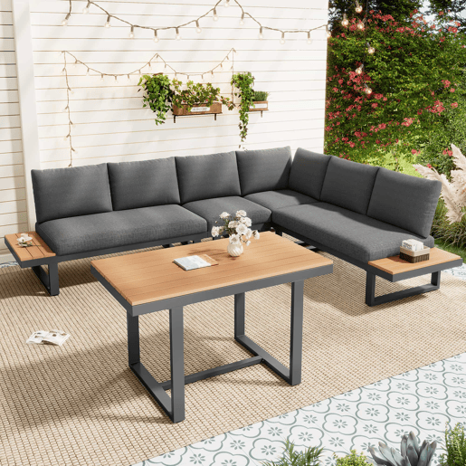 Conjunto de sala de jantar de jardim de canto - função reclinável ajustável em 5 posições (até 55°), estrutura em aço galvanizado, mesa com tampo em plástico com efeito de madeira - preto e cinzento