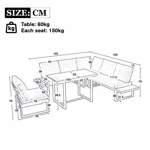 Conjunto de sala de jantar de jardim de canto - função reclinável ajustável em 5 posições (até 55°), estrutura em aço galvanizado, mesa com tampo em plástico com efeito de madeira - preto e cinzento