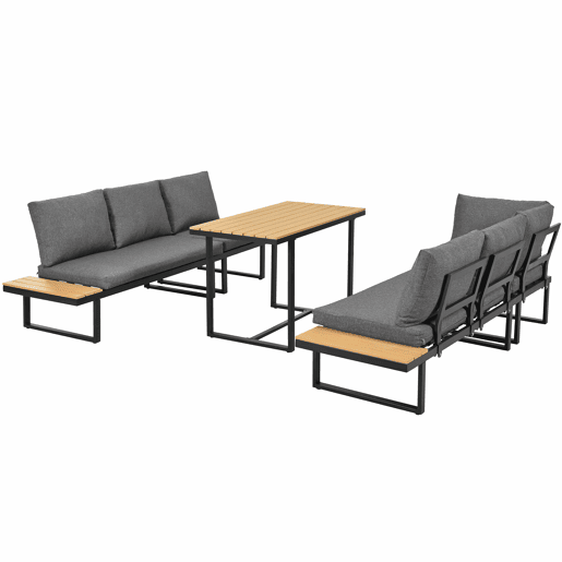 Conjunto de sala de jantar de jardim de canto - função reclinável ajustável em 5 posições (até 55°), estrutura em aço galvanizado, mesa com tampo em plástico com efeito de madeira - preto e cinzento