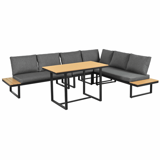 Conjunto de sala de jantar de jardim de canto - função reclinável ajustável em 5 posições (até 55°), estrutura em aço galvanizado, mesa com tampo em plástico com efeito de madeira - preto e cinzento