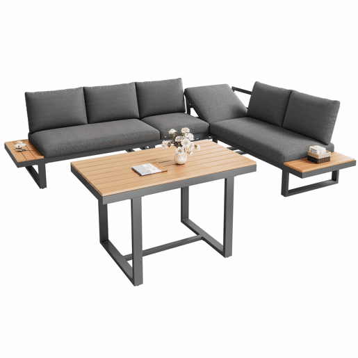 Conjunto de sala de jantar de jardim de canto - função reclinável ajustável em 5 posições (até 55°), estrutura em aço galvanizado, mesa com tampo em plástico com efeito de madeira - preto e cinzento