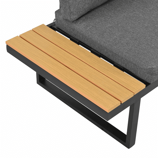 Conjunto de sala de jantar de jardim de canto - função reclinável ajustável em 5 posições (até 55°), estrutura em aço galvanizado, mesa com tampo em plástico com efeito de madeira - preto e cinzento