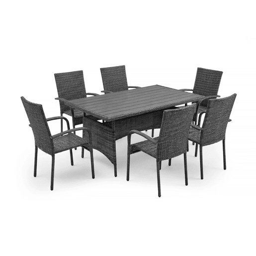 Mesa de jantar + 6 cadeiras em rattan PE. Mobiliário para jardim e pátio, rattan cinza.