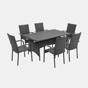 Mesa de jantar + 6 cadeiras em rattan PE. Mobiliário para jardim e pátio, rattan cinza.