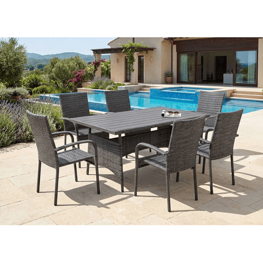 Mesa de jantar + 6 cadeiras em rattan PE. Mobiliário para jardim e pátio, rattan cinza.
