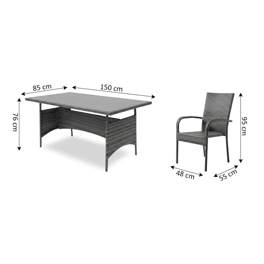 Mesa de jantar + 6 cadeiras em rattan PE. Mobiliário para jardim e pátio, rattan cinza.