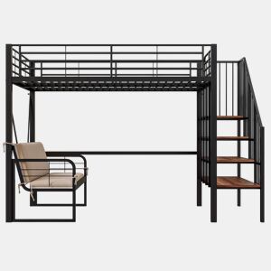 Beliche 140x200 - Estrutura metálica, sofá estofado desmontável, arrumação, escada de segurança - Preto