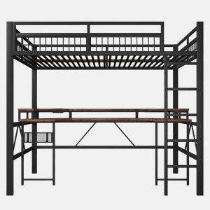 Cama alta + secretária 140x200 cm - LED multicolorido, USBTipo-C, tomadas, painel perfurado - Preto