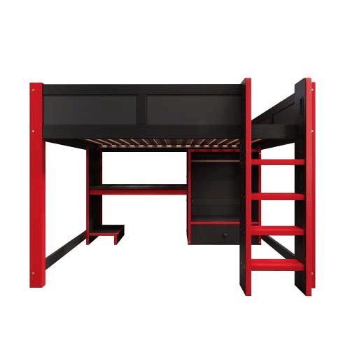 Cama alta 140x200 cm - com LED, cama gaming com secretária, armário e gavetas grandes - preto+vermelho