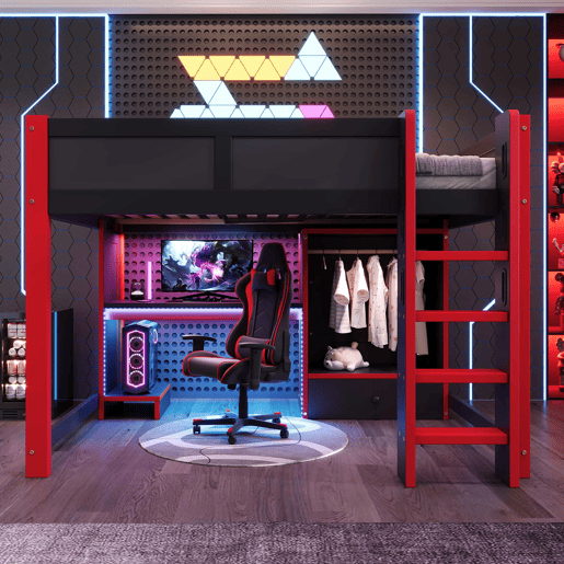 Cama alta 140x200 cm - com LED, cama gaming com secretária, armário e gavetas grandes - preto+vermelho