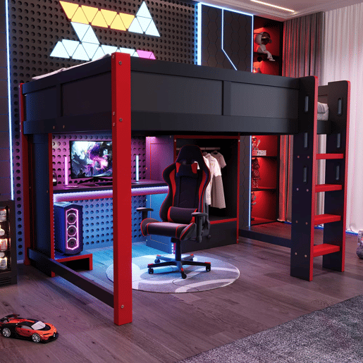Cama alta 140x200 cm - com LED, cama gaming com secretária, armário e gavetas grandes - preto+vermelho