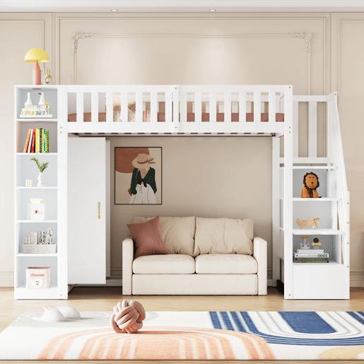Cama alta multifuncional 90x200 cm - com prateleiras, armário de arrumação e armário grande - branca
