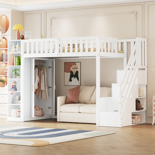 Cama alta multifuncional 90x200 cm - com prateleiras, armário de arrumação e armário grande - branca