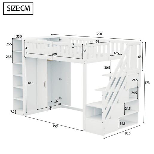 Cama alta multifuncional 90x200 cm - com prateleiras, armário de arrumação e armário grande - branca