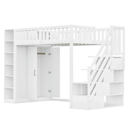 Cama alta multifuncional 90x200 cm - com prateleiras, armário de arrumação e armário grande - branca
