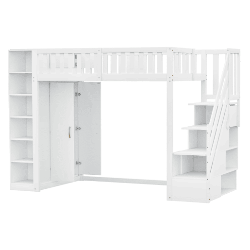 Cama alta multifuncional 90x200 cm - com prateleiras, armário de arrumação e armário grande - branca