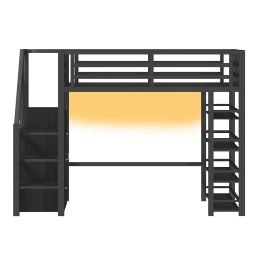 Cama alta metálica 140x200 - com prateleiras, armários, LED - Preto