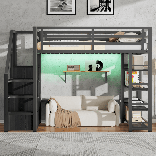 Cama alta metálica 140x200 - com prateleiras, armários, LED - Preto