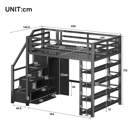 Cama alta metálica 140x200 - com prateleiras, armários, LED - Preto
