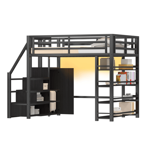 Cama alta metálica 140x200 - com prateleiras, armários, LED - Preto