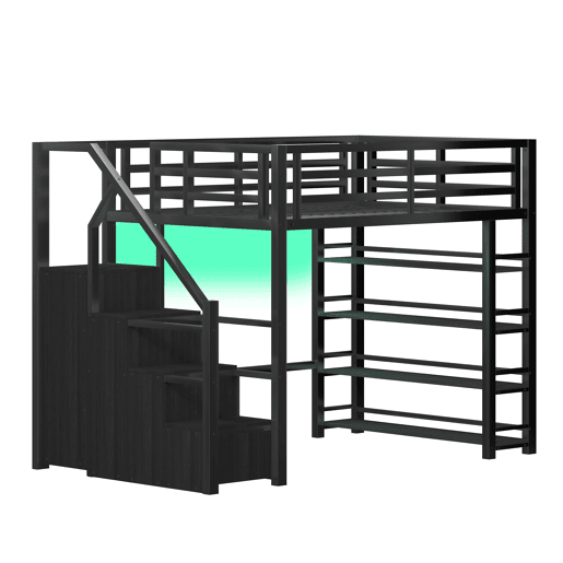 Cama alta metálica 140x200 - com prateleiras, armários, LED - Preto
