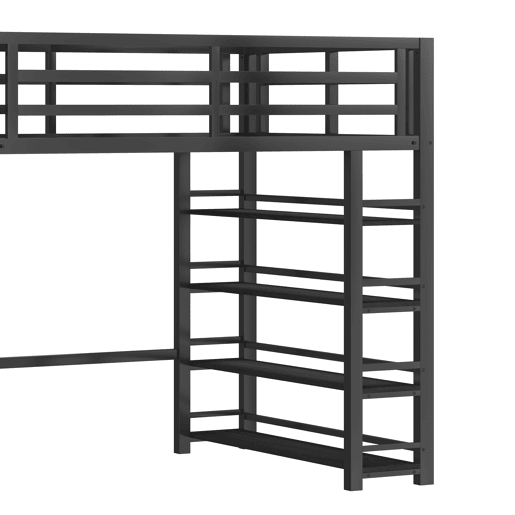 Cama alta metálica 140x200 - com prateleiras, armários, LED - Preto