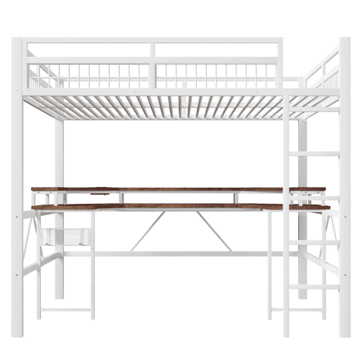 Cama alta + secretária 140x200 cm - LED RGB, USB, Tipo-C, tomadas, painel perfurado - Branco